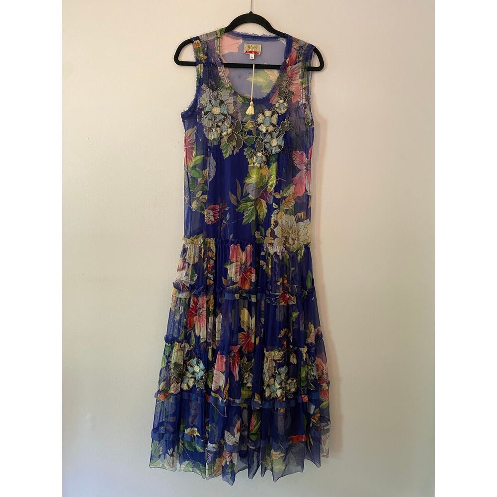 Johnny Was Women's Small Mazzy Ruffle Dress Blue Floral Embroidered Beaded - Picture 2 of 12